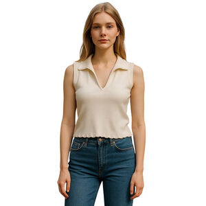 Primark Polo Crop Top Womens 10-12 Beige Ribbed Minimalist Collared Sleeveless